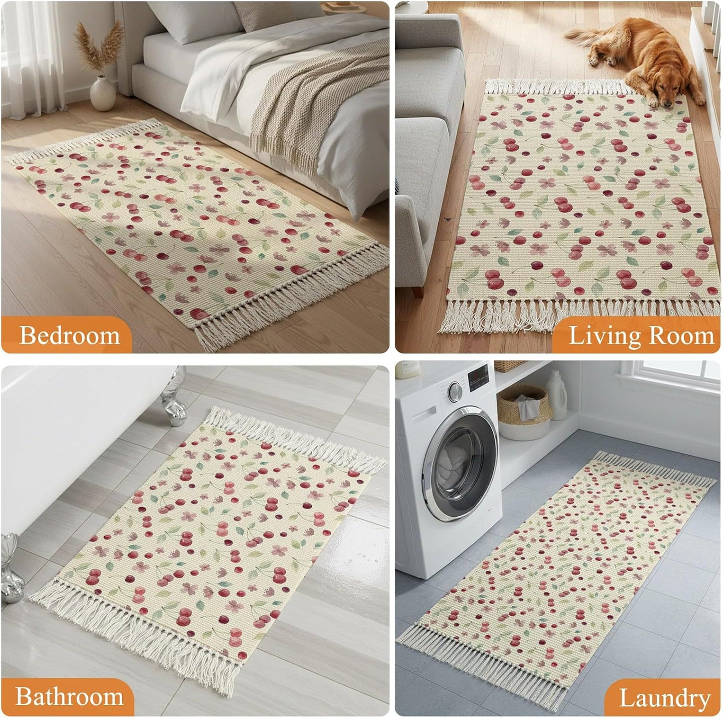 Summer Cherry Harvest Flower Kitchen Runner Rug 2x3ft Boho Tassel Rugs Floor Carpet, Watercolor Fruit on Light Yellow Area Rug for Hallway Bedroom Bathroom Living Room Dining