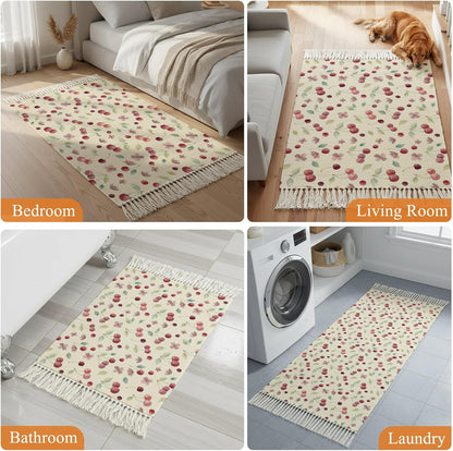 Summer Cherry Harvest Flower Kitchen Runner Rug 2x3ft Boho Tassel Rugs Floor Carpet, Watercolor Fruit on Light Yellow Area Rug for Hallway Bedroom Bathroom Living Room Dining