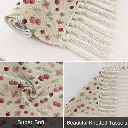 Summer Cherry Harvest Flower Kitchen Runner Rug 2x3ft Boho Tassel Rugs Floor Carpet, Watercolor Fruit on Light Yellow Area Rug for Hallway Bedroom Bathroom Living Room Dining