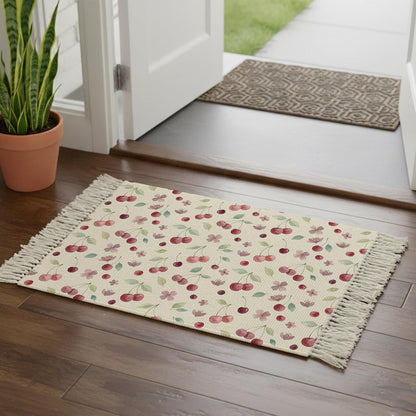 Summer Cherry Harvest Flower Kitchen Runner Rug 2x3ft Boho Tassel Rugs Floor Carpet, Watercolor Fruit on Light Yellow Area Rug for Hallway Bedroom Bathroom Living Room Dining