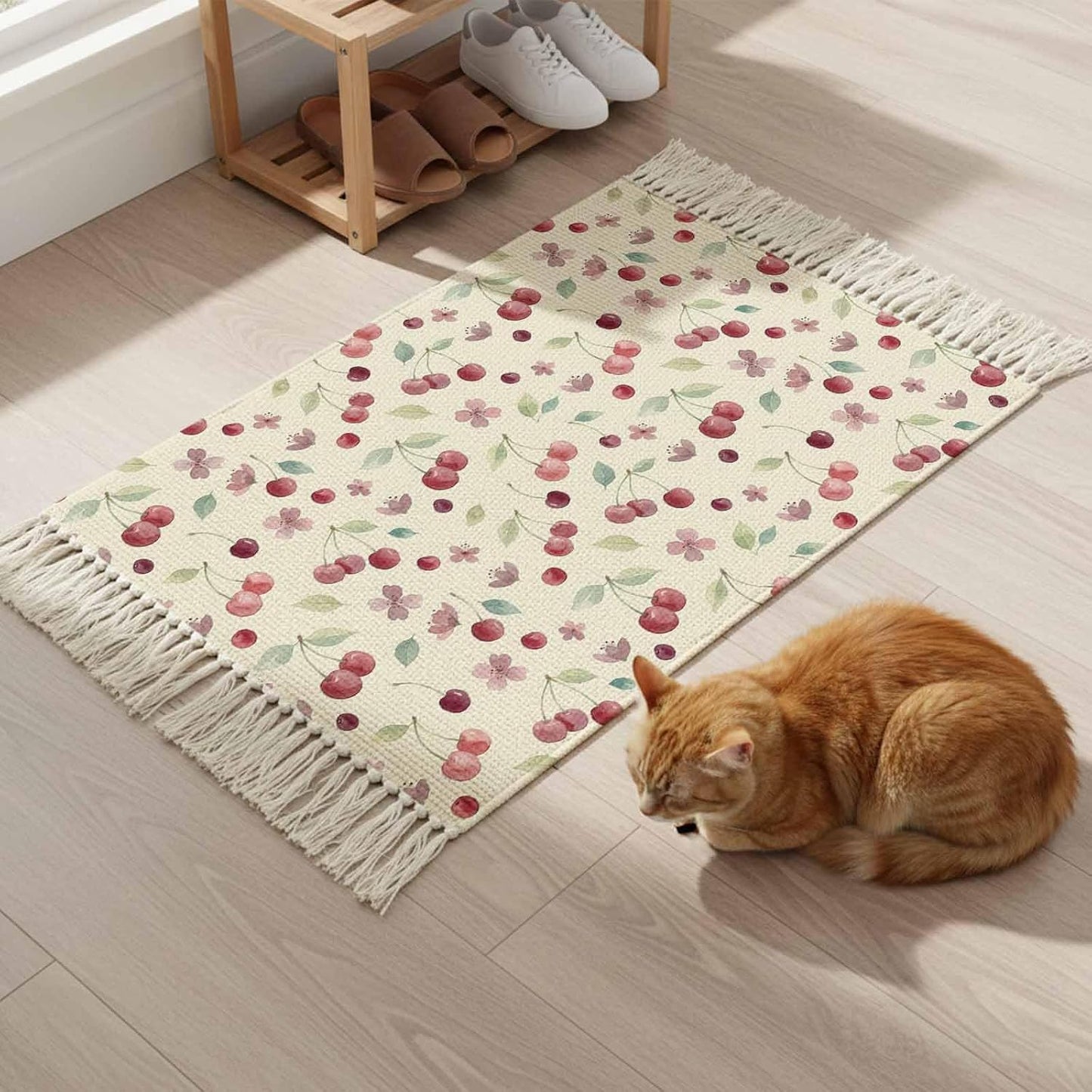 Summer Cherry Harvest Flower Kitchen Runner Rug 2x3ft Boho Tassel Rugs Floor Carpet, Watercolor Fruit on Light Yellow Area Rug for Hallway Bedroom Bathroom Living Room Dining
