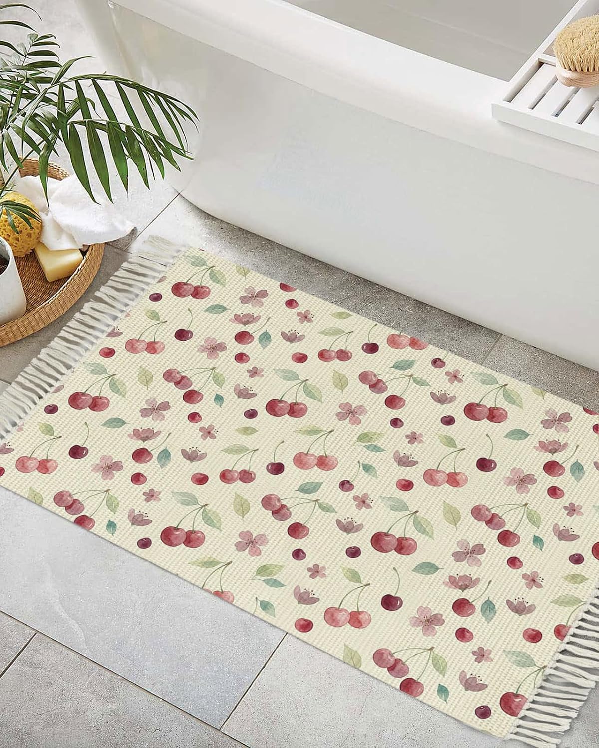 Summer Cherry Harvest Flower Kitchen Runner Rug 2x3ft Boho Tassel Rugs Floor Carpet, Watercolor Fruit on Light Yellow Area Rug for Hallway Bedroom Bathroom Living Room Dining