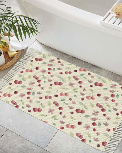 Summer Cherry Harvest Flower Kitchen Runner Rug 2x3ft Boho Tassel Rugs Floor Carpet, Watercolor Fruit on Light Yellow Area Rug for Hallway Bedroom Bathroom Living Room Dining