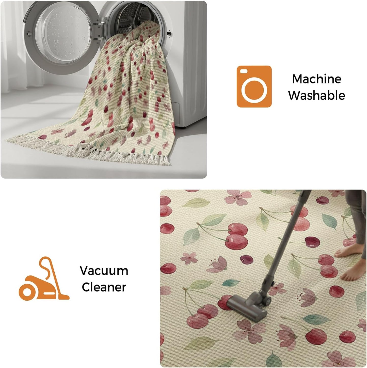 Summer Cherry Harvest Flower Kitchen Runner Rug 2x3ft Boho Tassel Rugs Floor Carpet, Watercolor Fruit on Light Yellow Area Rug for Hallway Bedroom Bathroom Living Room Dining