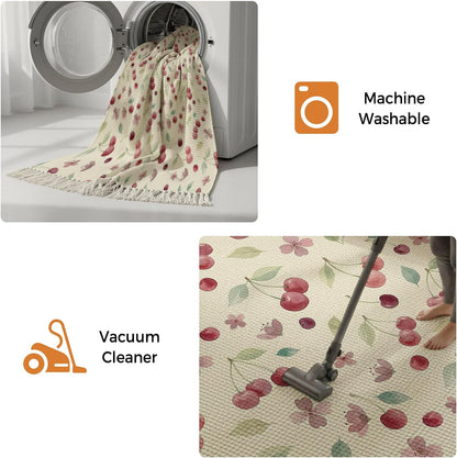 Summer Cherry Harvest Flower Kitchen Runner Rug 2x3ft Boho Tassel Rugs Floor Carpet, Watercolor Fruit on Light Yellow Area Rug for Hallway Bedroom Bathroom Living Room Dining