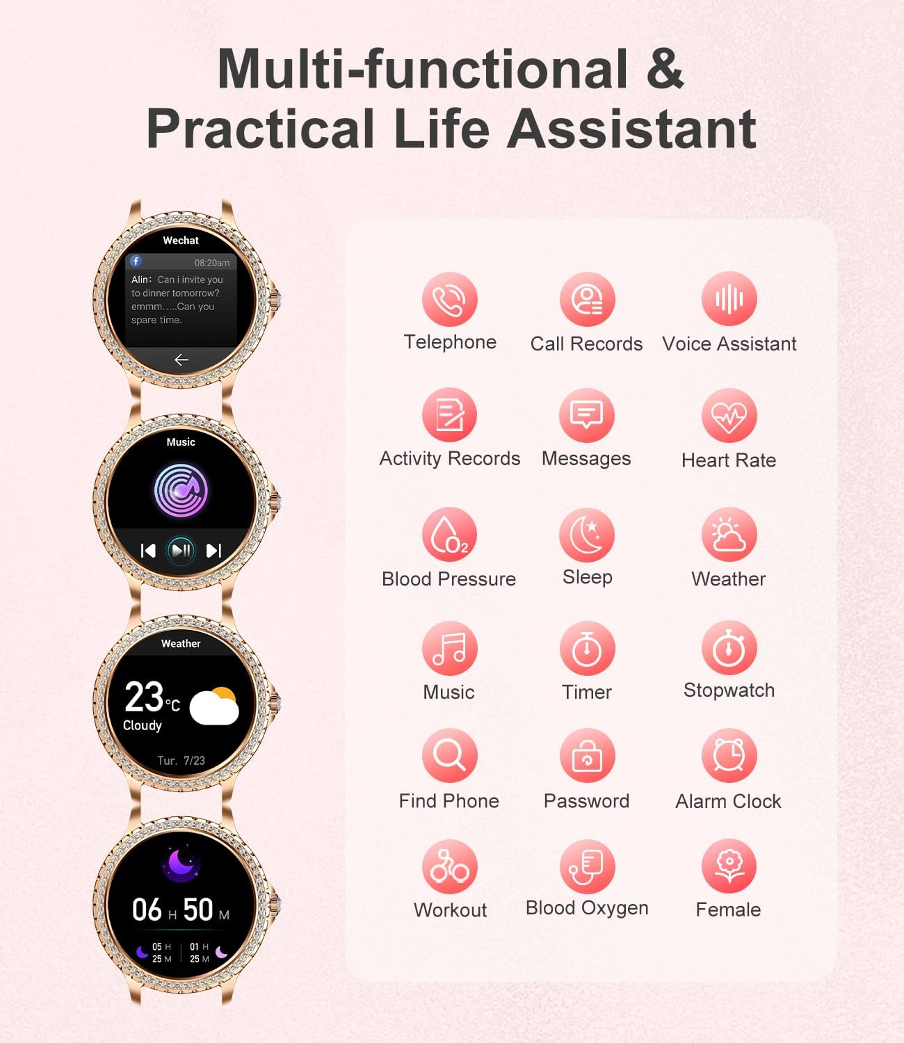 Smart Watch for Women(Answer/Make Calls),1.3"HD Diamonds Luxury Smartwatch for Android iPhone Phones,Fitness Trackers with 20+ Sport Modes/Heart Rate/IP68 Waterproof/SpO2/Sleep Monitor,Rose gold