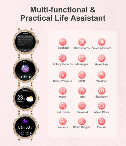 Smart Watch for Women(Answer/Make Calls),1.3"HD Diamonds Luxury Smartwatch for Android iPhone Phones,Fitness Trackers with 20+ Sport Modes/Heart Rate/IP68 Waterproof/SpO2/Sleep Monitor,Rose gold