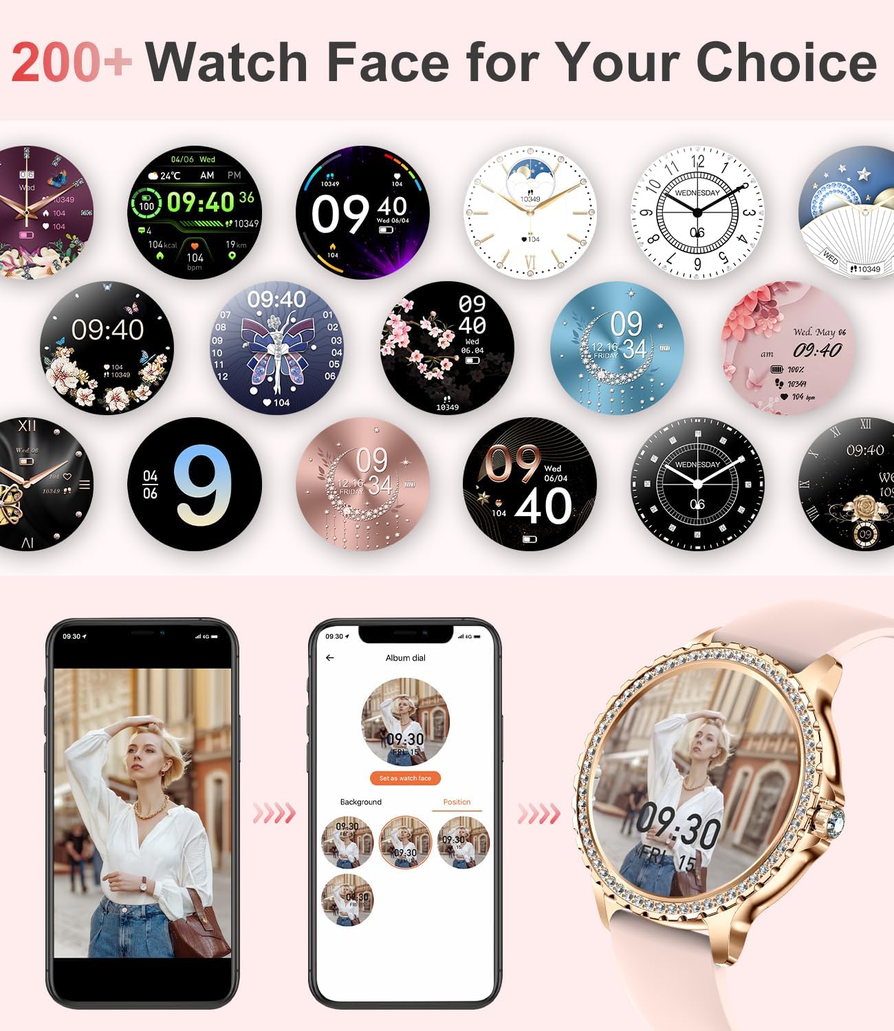 Smart Watch for Women(Answer/Make Calls),1.3"HD Diamonds Luxury Smartwatch for Android iPhone Phones,Fitness Trackers with 20+ Sport Modes/Heart Rate/IP68 Waterproof/SpO2/Sleep Monitor,Rose gold