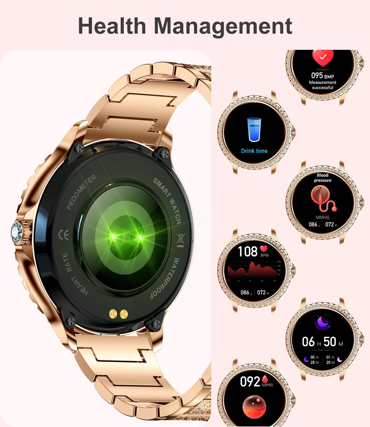 Smart Watch for Women(Answer/Make Calls),1.3"HD Diamonds Luxury Smartwatch for Android iPhone Phones,Fitness Trackers with 20+ Sport Modes/Heart Rate/IP68 Waterproof/SpO2/Sleep Monitor,Rose gold
