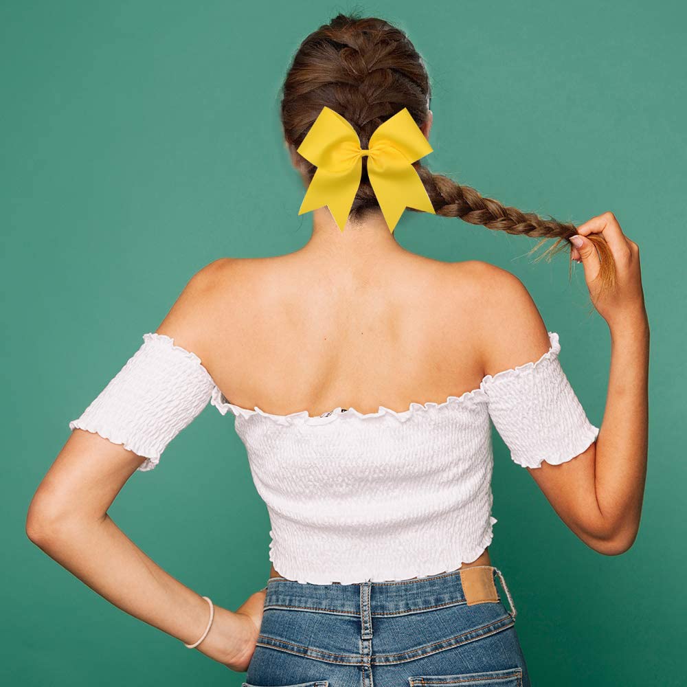 21PCS 8" Large Cheer Bows Yellow Bows Jumbo Cheerleader Bow with Ponytail Holder Elastic Band Handmade for Cheerleading Teen Girls College Sports