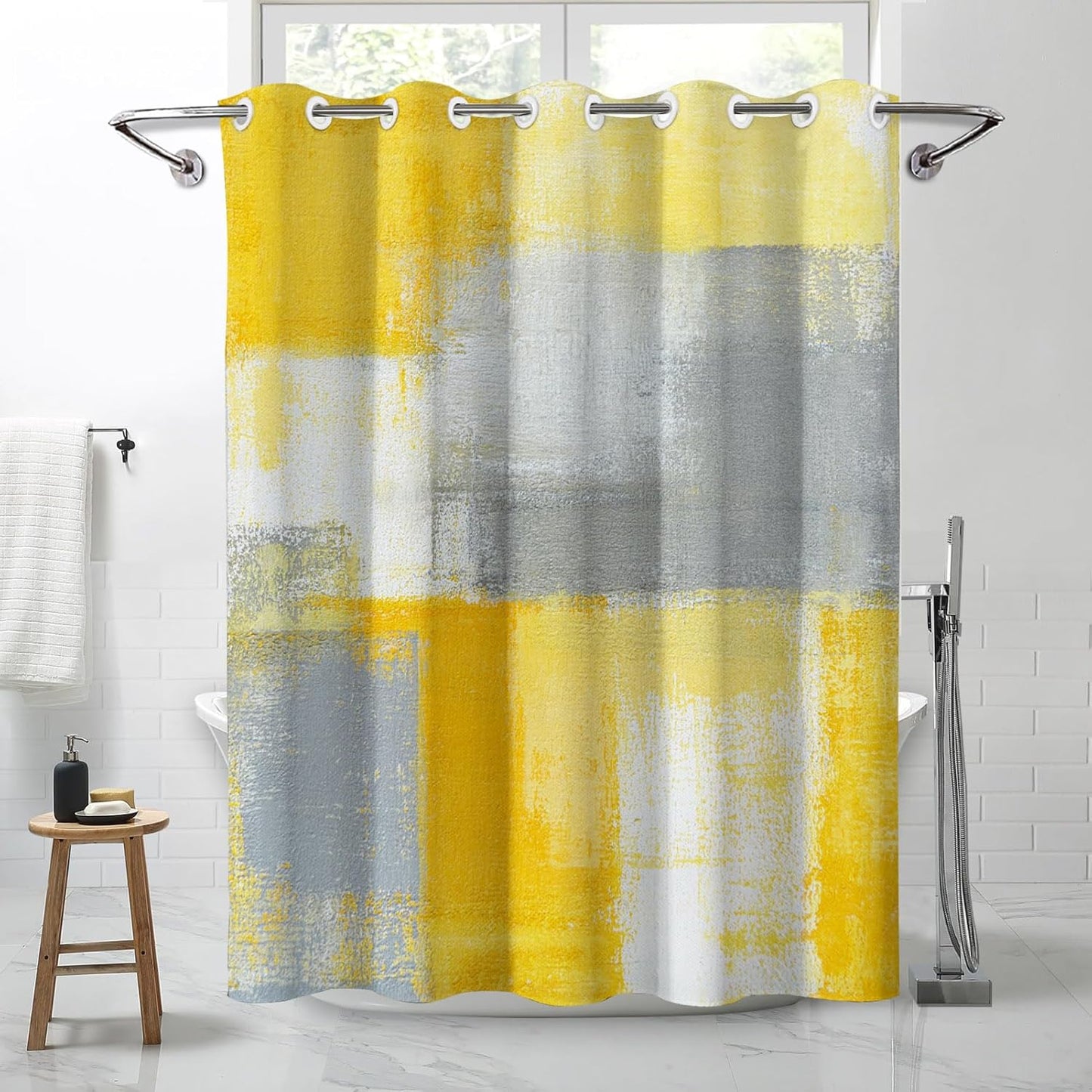 Yellow and Grey Shower Curtain, Abstract No Hooks Shower Curtain Set, Modern Minimalist Waterproof Fabric Bathroom Decor Set, 71x75 Inches(No Liner)