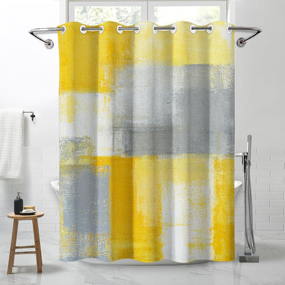 Yellow and Grey Shower Curtain, Abstract No Hooks Shower Curtain Set, Modern Minimalist Waterproof Fabric Bathroom Decor Set, 71x75 Inches(No Liner)