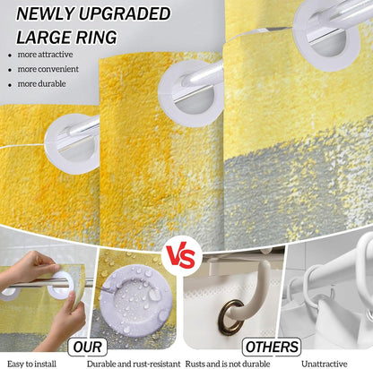 Yellow and Grey Shower Curtain, Abstract No Hooks Shower Curtain Set, Modern Minimalist Waterproof Fabric Bathroom Decor Set, 71x75 Inches(No Liner)
