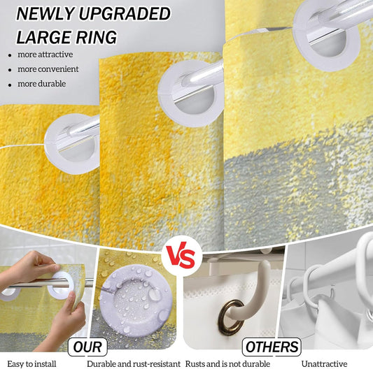 Yellow and Grey Shower Curtain, Abstract No Hooks Shower Curtain Set, Modern Minimalist Waterproof Fabric Bathroom Decor Set, 71x75 Inches(No Liner)