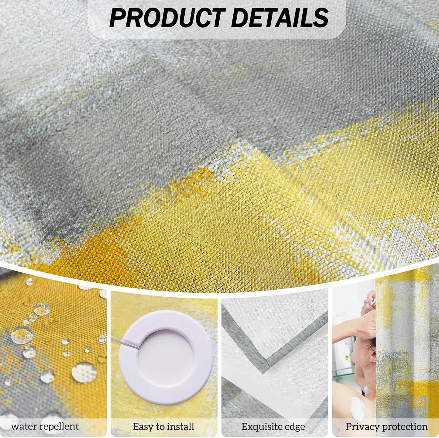 Yellow and Grey Shower Curtain, Abstract No Hooks Shower Curtain Set, Modern Minimalist Waterproof Fabric Bathroom Decor Set, 71x75 Inches(No Liner)