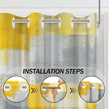 Yellow and Grey Shower Curtain, Abstract No Hooks Shower Curtain Set, Modern Minimalist Waterproof Fabric Bathroom Decor Set, 71x75 Inches(No Liner)