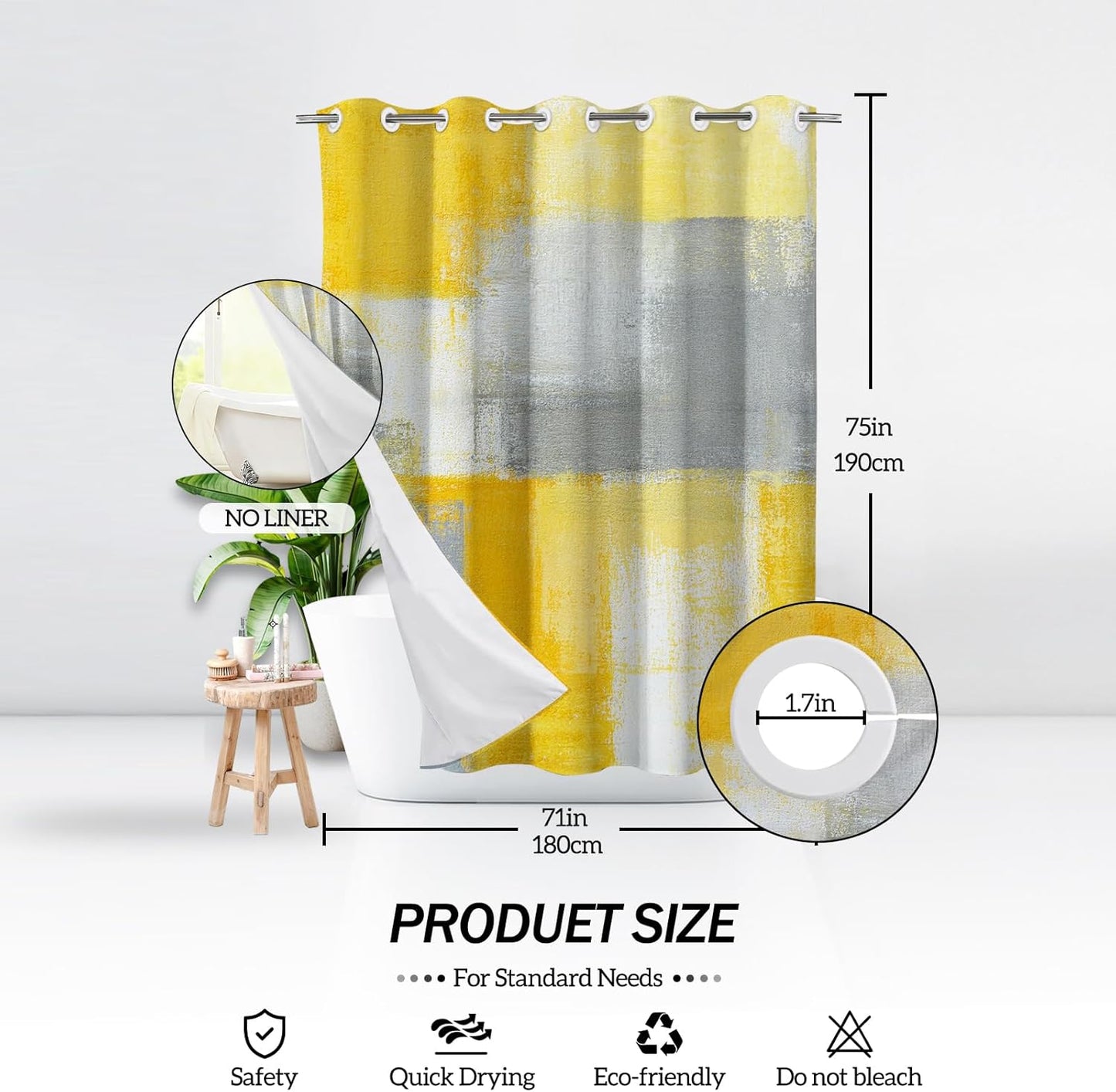 Yellow and Grey Shower Curtain, Abstract No Hooks Shower Curtain Set, Modern Minimalist Waterproof Fabric Bathroom Decor Set, 71x75 Inches(No Liner)