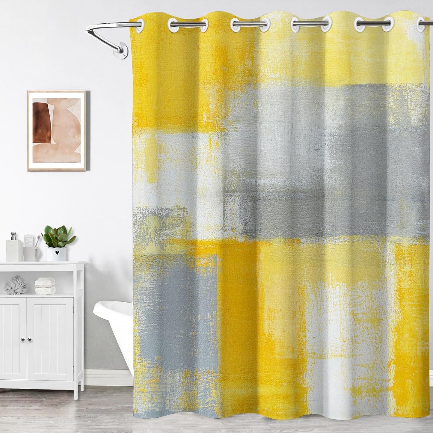Yellow and Grey Shower Curtain, Abstract No Hooks Shower Curtain Set, Modern Minimalist Waterproof Fabric Bathroom Decor Set, 71x75 Inches(No Liner)