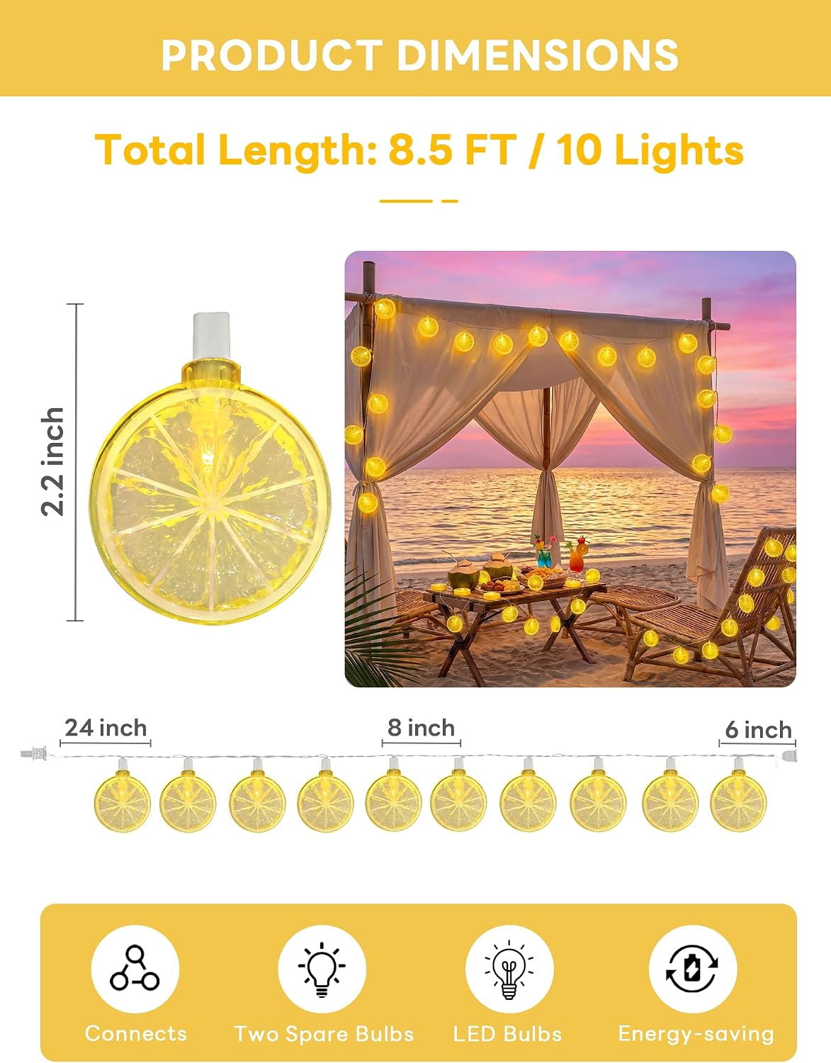 Lemon String Lights, 8.5Ft Summer Patio String Lights with 10 LED Yellow Lemon Slice Lights, Hanging Waterproof Connectable Outdoor Decorative Lights for Indoor Home Garden Christmas Wedding Party
