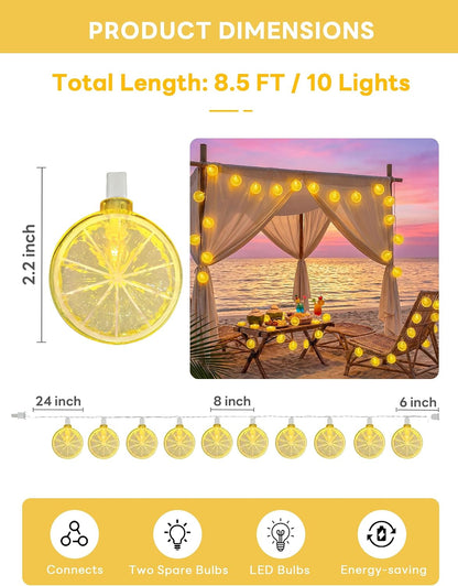 Lemon String Lights, 8.5Ft Summer Patio String Lights with 10 LED Yellow Lemon Slice Lights, Hanging Waterproof Connectable Outdoor Decorative Lights for Indoor Home Garden Christmas Wedding Party