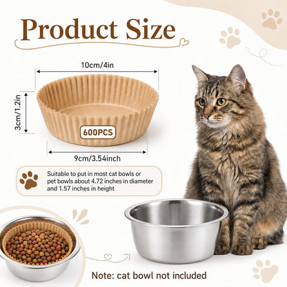 600Pcs Pet Disposable Feeding Bowls Liner Small Paper Cat Plates | Cat Food Bowls Small Paper Liner for Puppy Kitten Dogs Cats for Dry and Wet Food, Brown