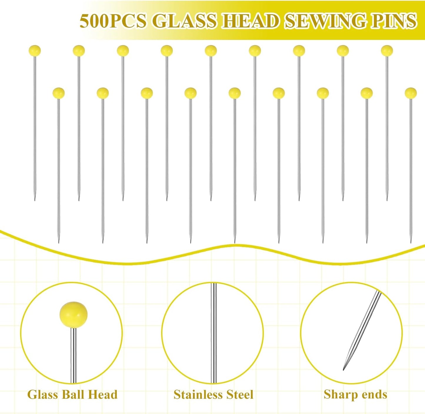 500 Pcs Sewing Pins with Heads 1.5 in Straight Pins Sewings Glass Ball Head Sewings Pin for Fabric Quilting Pin for DIY Sewing Crafts Jewelry Making Yellow