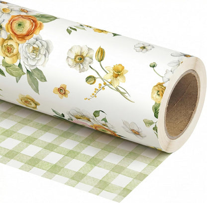 Reversible Floral Wrapping Paper Roll - 17.5 Inches * 26 Ft. - Yellow Garden Flowers & Green Plaid Gift Wrap, Perfect for Spring Wedding Bridal Shower Baby shower Birthday Mother's Day