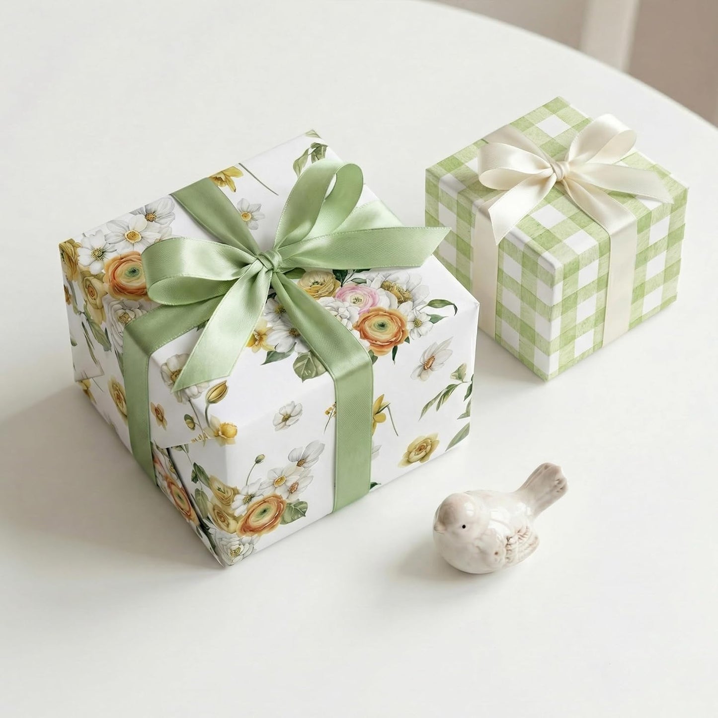 Reversible Floral Wrapping Paper Roll - 17.5 Inches * 26 Ft. - Yellow Garden Flowers & Green Plaid Gift Wrap, Perfect for Spring Wedding Bridal Shower Baby shower Birthday Mother's Day