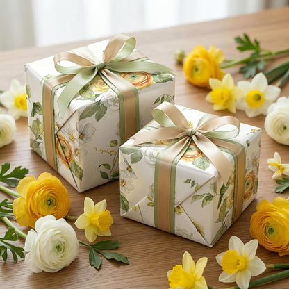 Reversible Floral Wrapping Paper Roll - 17.5 Inches * 26 Ft. - Yellow Garden Flowers & Green Plaid Gift Wrap, Perfect for Spring Wedding Bridal Shower Baby shower Birthday Mother's Day