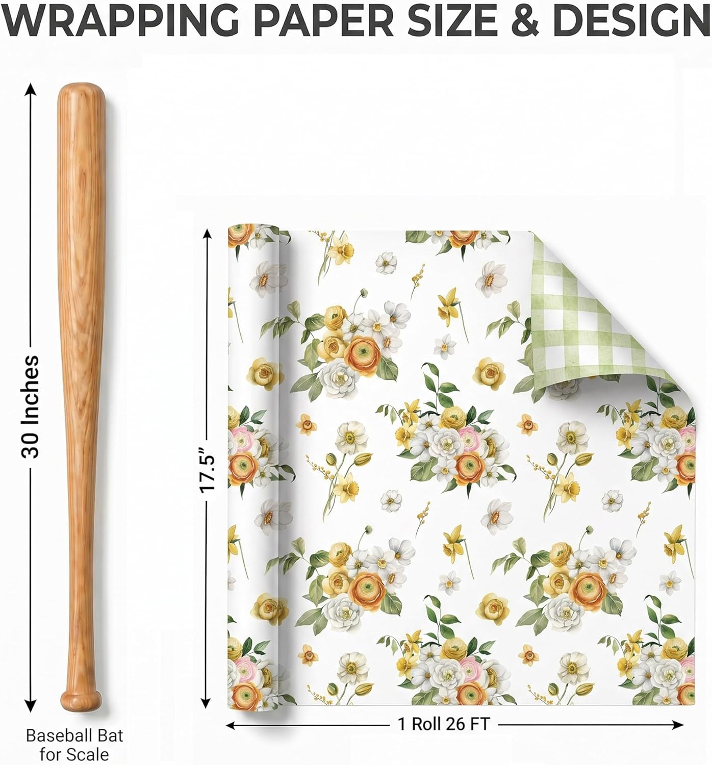 Reversible Floral Wrapping Paper Roll - 17.5 Inches * 26 Ft. - Yellow Garden Flowers & Green Plaid Gift Wrap, Perfect for Spring Wedding Bridal Shower Baby shower Birthday Mother's Day