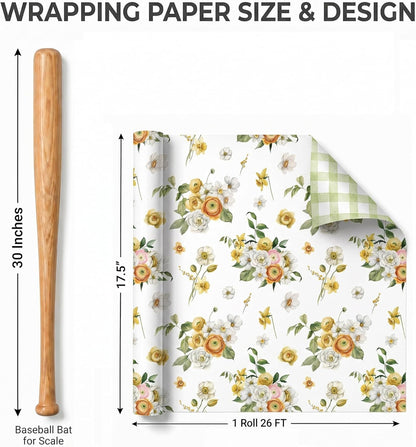 Reversible Floral Wrapping Paper Roll - 17.5 Inches * 26 Ft. - Yellow Garden Flowers & Green Plaid Gift Wrap, Perfect for Spring Wedding Bridal Shower Baby shower Birthday Mother's Day