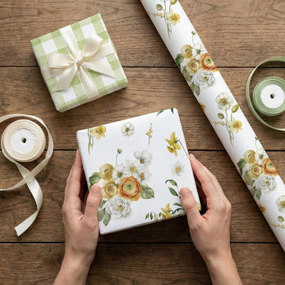 Reversible Floral Wrapping Paper Roll - 17.5 Inches * 26 Ft. - Yellow Garden Flowers & Green Plaid Gift Wrap, Perfect for Spring Wedding Bridal Shower Baby shower Birthday Mother's Day