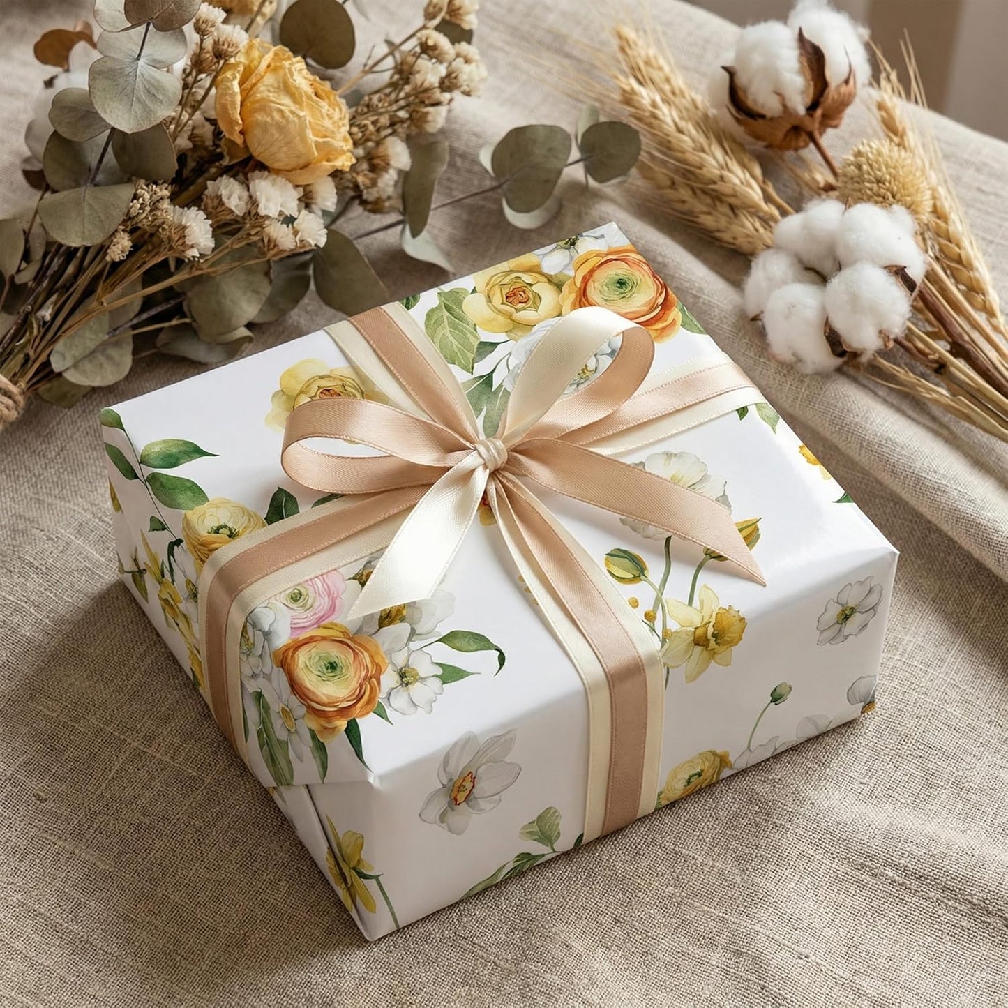 Reversible Floral Wrapping Paper Roll - 17.5 Inches * 26 Ft. - Yellow Garden Flowers & Green Plaid Gift Wrap, Perfect for Spring Wedding Bridal Shower Baby shower Birthday Mother's Day