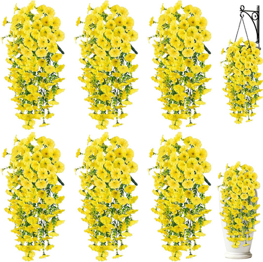 Artificial Flower for Outdoors, 6PCS Fake Artificial Morning Glory Flowers, UV Resistant Outdoor Flowers Hanging Morning Glory, Realistic Faux Flower for Spring Garden Porches Decor (Yellow)