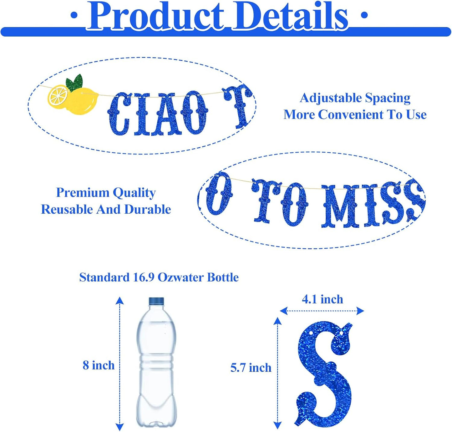 Italian Lemon Decor,Ciao to Miss Bachelorette Banner, Bridal Shower Sign, Photo Backdrop, Mediterranean Bachelorette Party Decorations Blue Gold Glitter