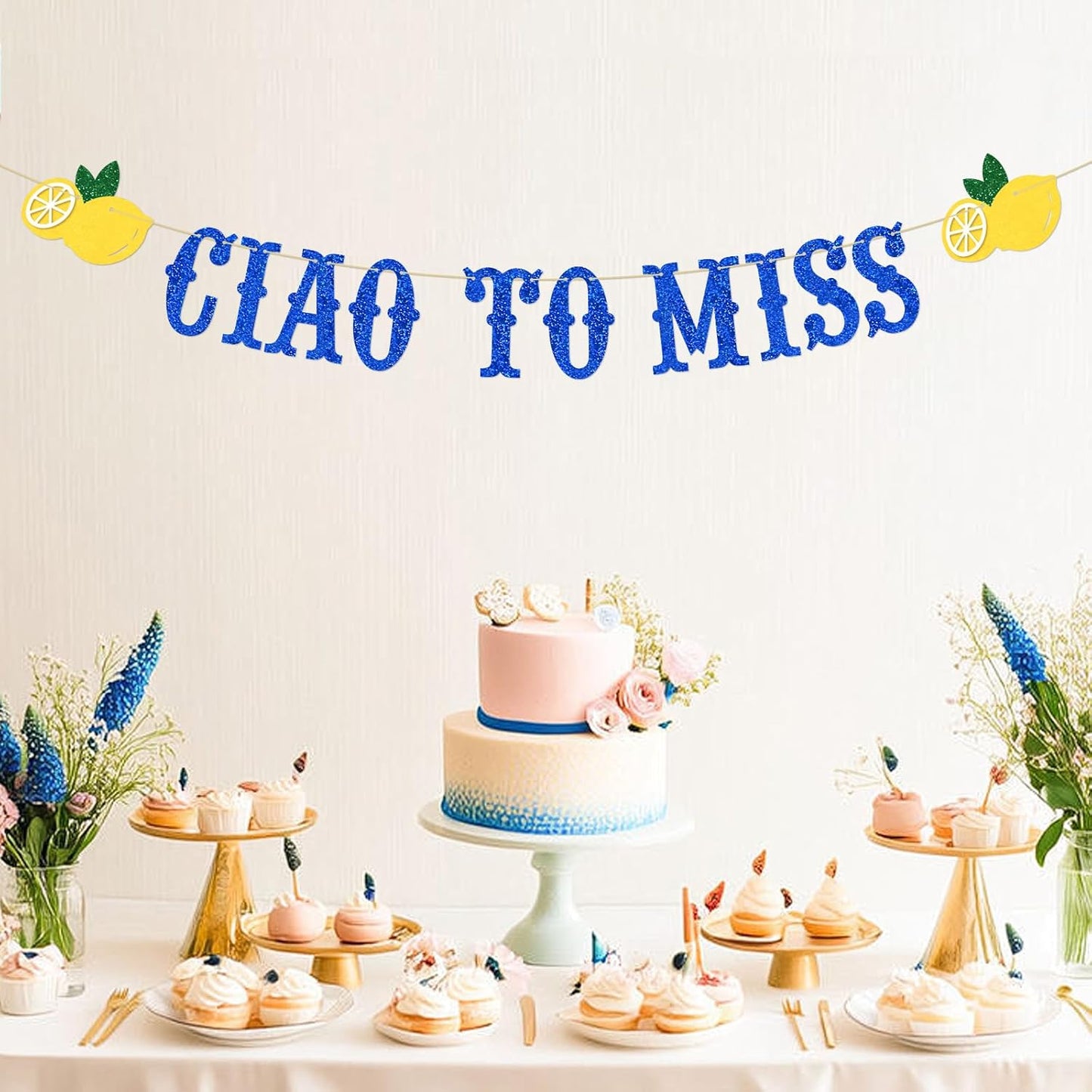 Italian Lemon Decor,Ciao to Miss Bachelorette Banner, Bridal Shower Sign, Photo Backdrop, Mediterranean Bachelorette Party Decorations Blue Gold Glitter