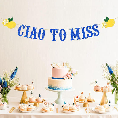 Italian Lemon Decor,Ciao to Miss Bachelorette Banner, Bridal Shower Sign, Photo Backdrop, Mediterranean Bachelorette Party Decorations Blue Gold Glitter