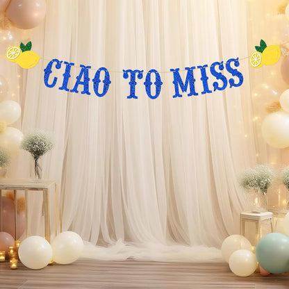 Italian Lemon Decor,Ciao to Miss Bachelorette Banner, Bridal Shower Sign, Photo Backdrop, Mediterranean Bachelorette Party Decorations Blue Gold Glitter
