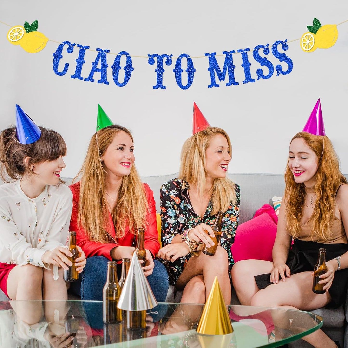 Italian Lemon Decor,Ciao to Miss Bachelorette Banner, Bridal Shower Sign, Photo Backdrop, Mediterranean Bachelorette Party Decorations Blue Gold Glitter