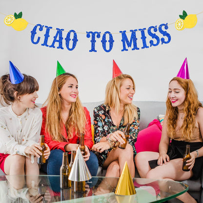 Italian Lemon Decor,Ciao to Miss Bachelorette Banner, Bridal Shower Sign, Photo Backdrop, Mediterranean Bachelorette Party Decorations Blue Gold Glitter