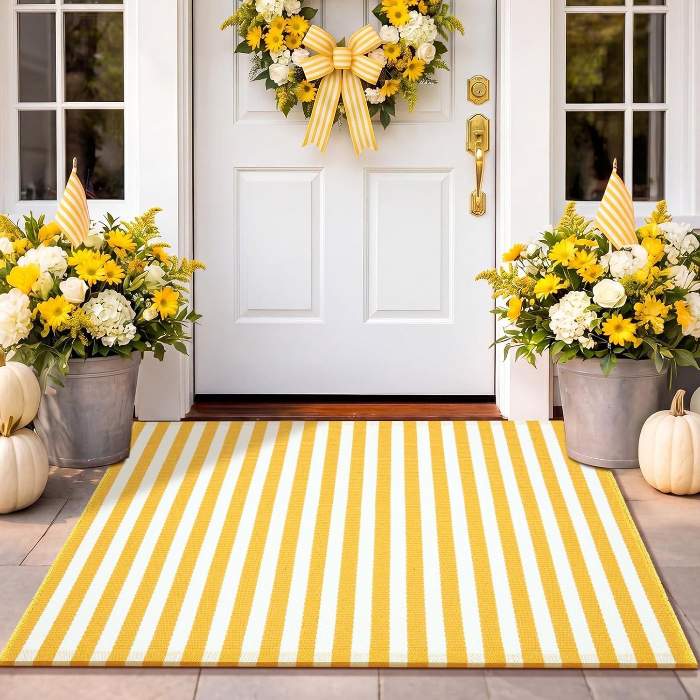 Yellow and White Summer Striped Rug 2' x 3' Outdoor Front Porch Door Mat Polyester Washable Entryway Rug Home Farmhouse Decor