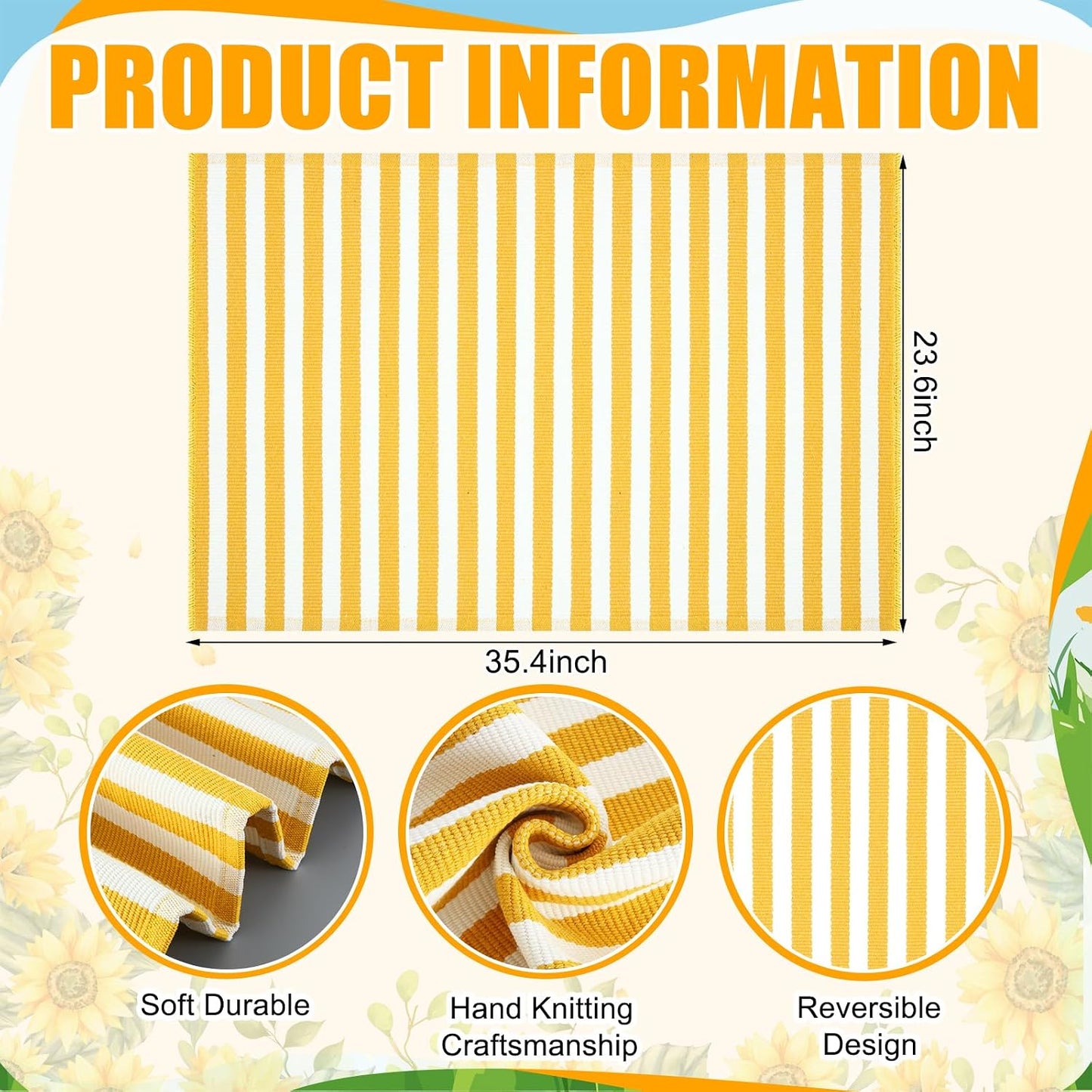 Yellow and White Summer Striped Rug 2' x 3' Outdoor Front Porch Door Mat Polyester Washable Entryway Rug Home Farmhouse Decor