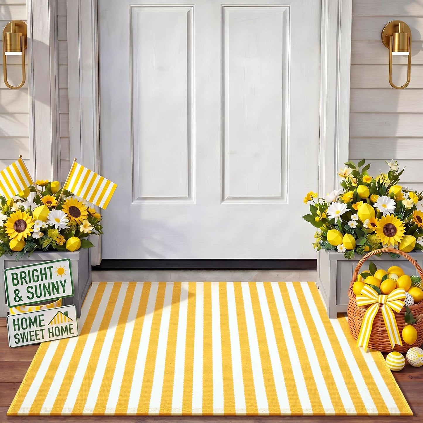 Yellow and White Summer Striped Rug 2' x 3' Outdoor Front Porch Door Mat Polyester Washable Entryway Rug Home Farmhouse Decor