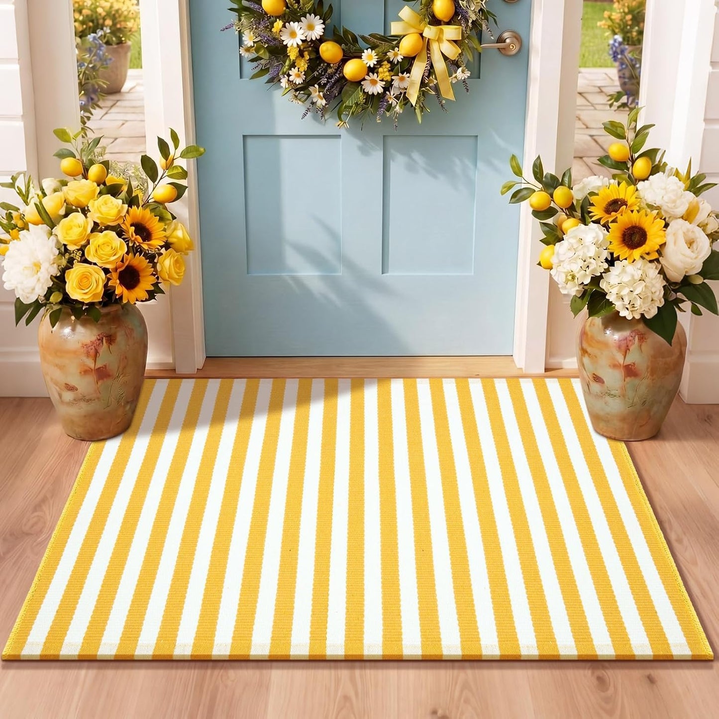 Yellow and White Summer Striped Rug 2' x 3' Outdoor Front Porch Door Mat Polyester Washable Entryway Rug Home Farmhouse Decor