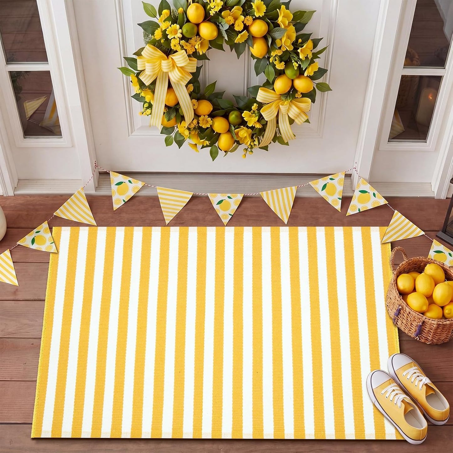 Yellow and White Summer Striped Rug 2' x 3' Outdoor Front Porch Door Mat Polyester Washable Entryway Rug Home Farmhouse Decor