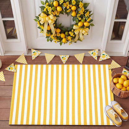 Yellow and White Summer Striped Rug 2' x 3' Outdoor Front Porch Door Mat Polyester Washable Entryway Rug Home Farmhouse Decor
