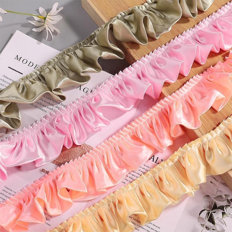 8 Yards 3D Satin Ruffle Trim Fabric Trims, 2-Layers Pleated Trimming Chiffon Fabric Ribbons for Sewing Making Crafts Dress Curtain Wedding Costume Pillowcase Supply (Yellow)