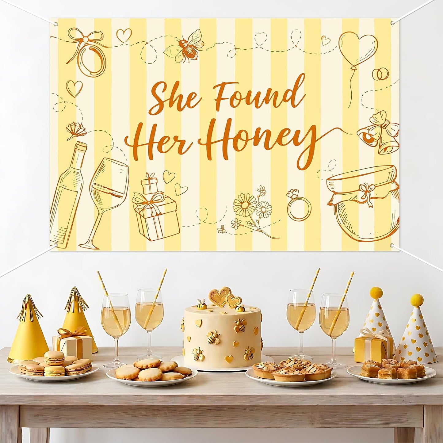 She Found Her Honey Backdrop Yellow Striped Bee Theme Bachelorette Party Backdrop Banner Honey Ring Champagne Bride to Bee Photography Background for Women Bridal Shower Engagement Wedding 5x3ft