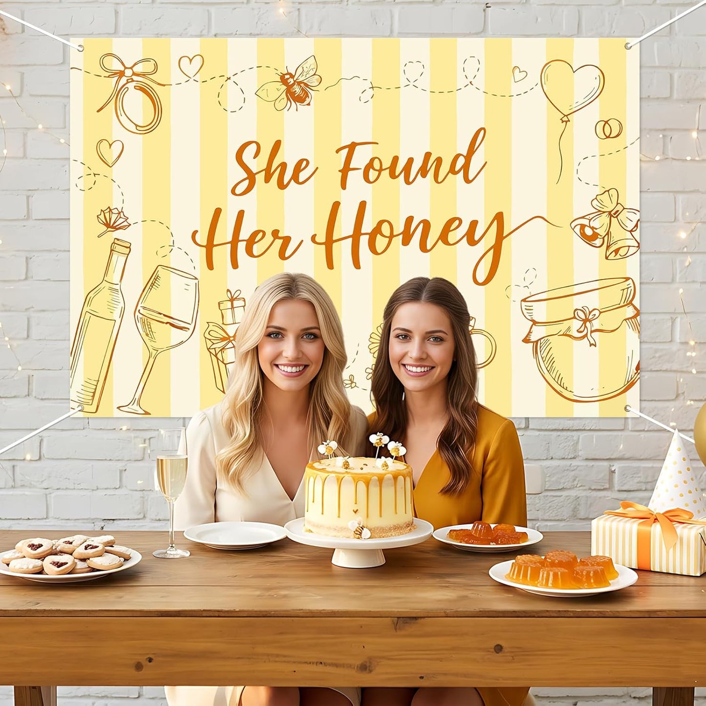 She Found Her Honey Backdrop Yellow Striped Bee Theme Bachelorette Party Backdrop Banner Honey Ring Champagne Bride to Bee Photography Background for Women Bridal Shower Engagement Wedding 5x3ft