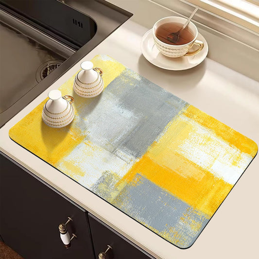 Dish Drying Mat for Kitchen Counter, Yellow and Grey White Abstract Art, Absorbent Quick Dry Pad with Rubber Backing, Dish Rack Pad for Dishes, Utensils, Countertops, Sinks 12" x 20
